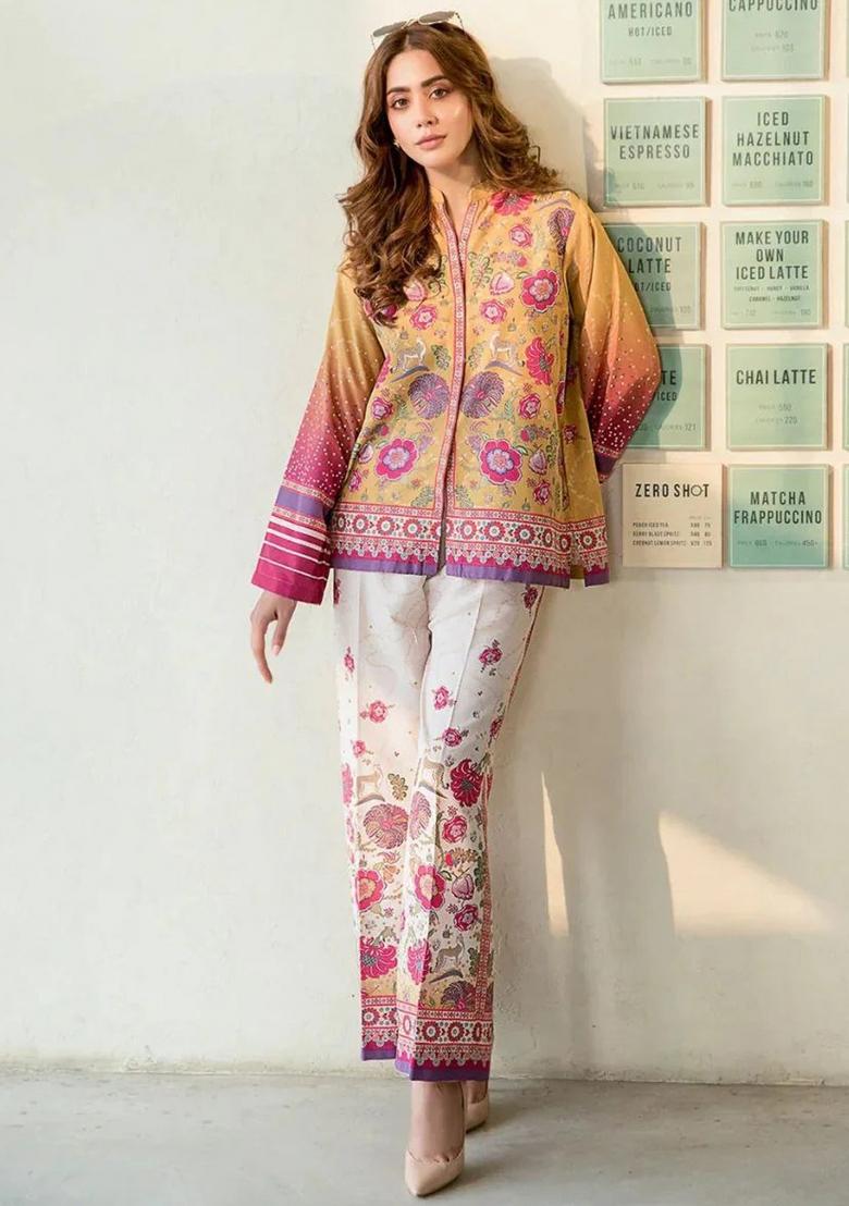 Mustard Floral Print Rayon Kurta Set - Indya
