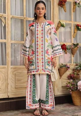Off White Floral Print Rayon Kurta Set