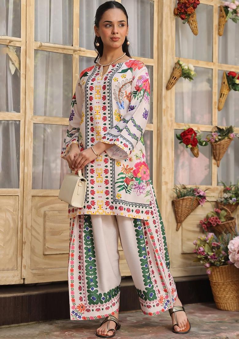Off White Floral Print Rayon Kurta Set - Indya