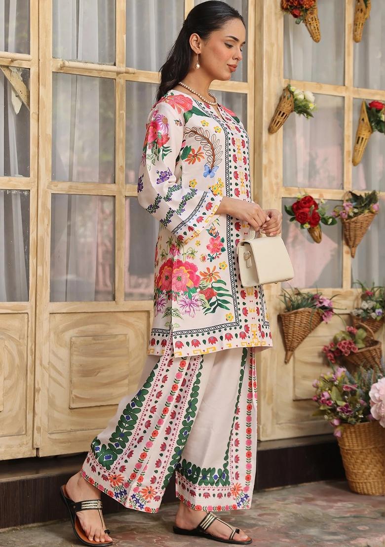 Off White Floral Print Rayon Kurta Set - Indya