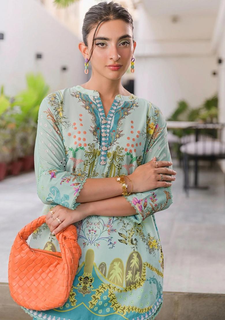 Sky Blue Floral Print Rayon Kurta Set - Indya