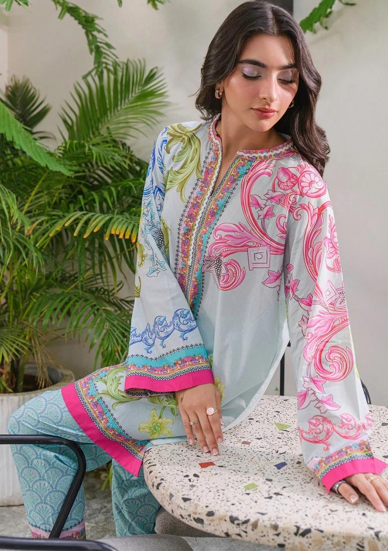 Sky Blue Floral Print Rayon Kurta Set - Indya