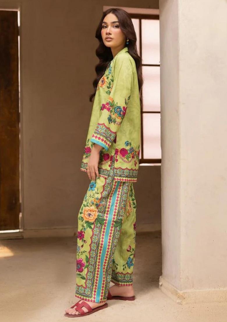 Lime Floral Print Rayon Kurta Set - Indya