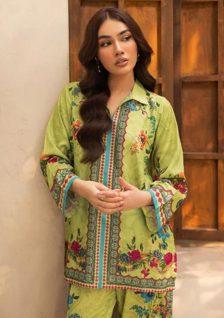 Lime Floral Print Rayon Kurta Set - Indya