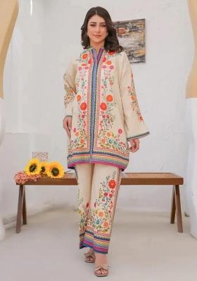 Cream Floral Print Rayon Kurta Set