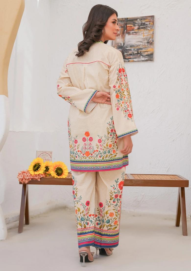 Cream Floral Print Rayon Kurta Set - Indya