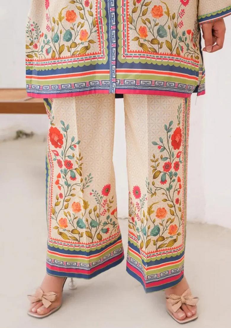 Cream Floral Print Rayon Kurta Set - Indya
