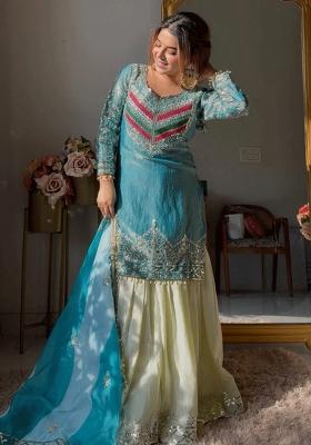 Aqua Blue Thread Work Silk Kurta Set