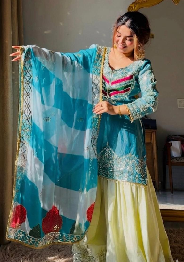 Aqua Blue Thread Work Silk Kurta Set - Indya