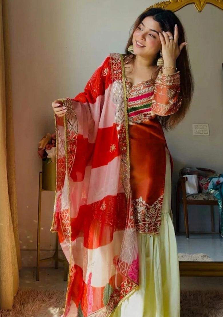 Rust Thread Work Silk Kurta Set - Indya