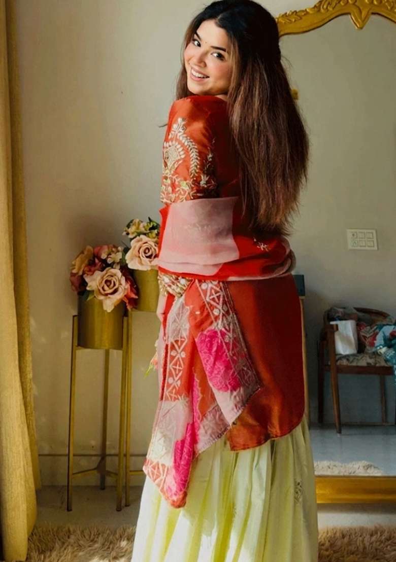 Rust Thread Work Silk Kurta Set - Indya