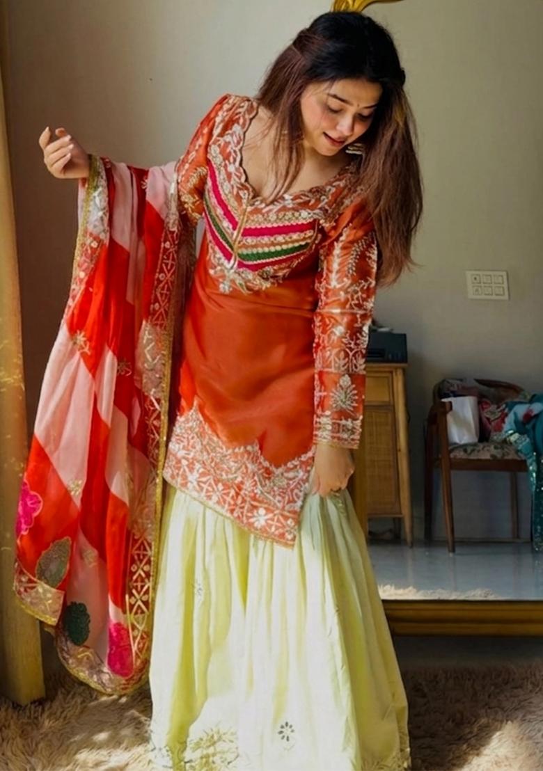 Rust Thread Work Silk Kurta Set - Indya
