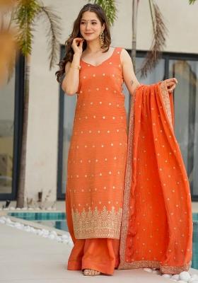 Orange Thread Work Chinon Kurta Set