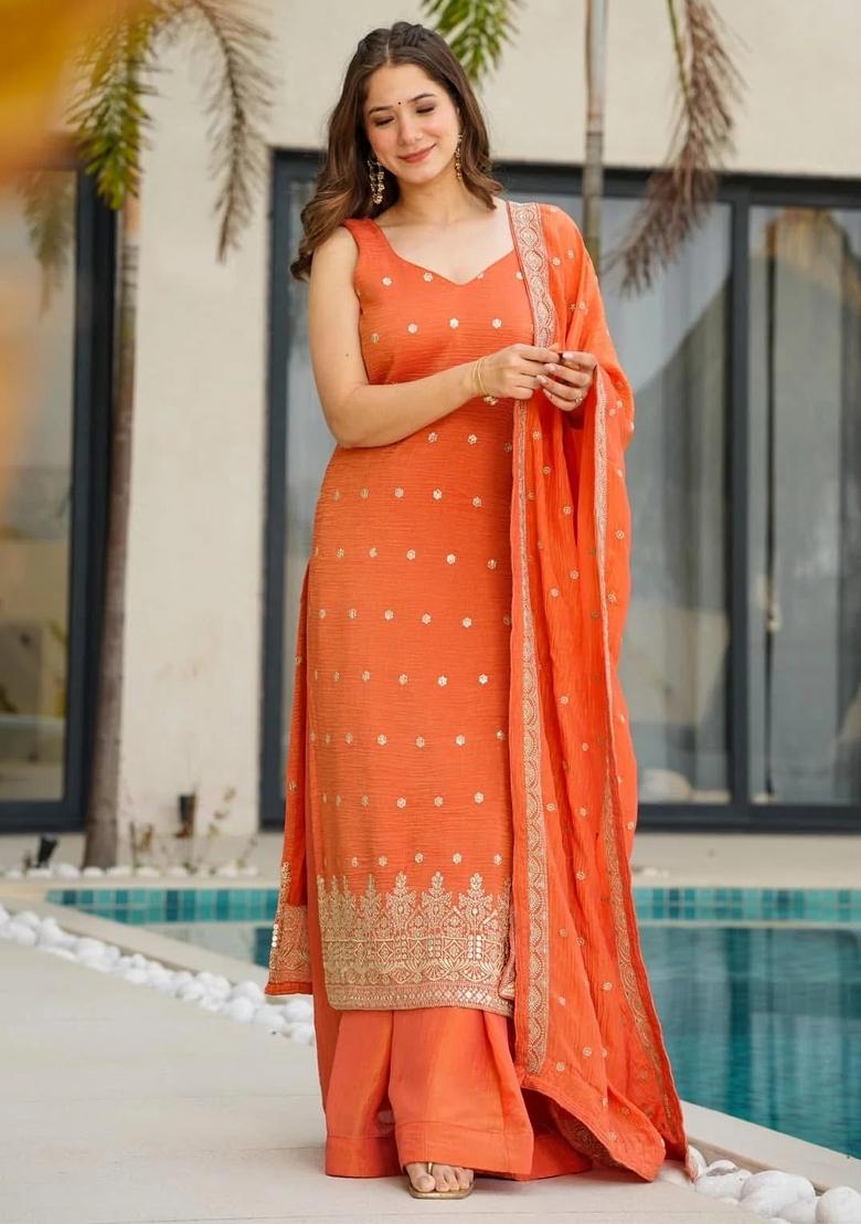 Orange Thread Work Chinon Kurta Set - Indya