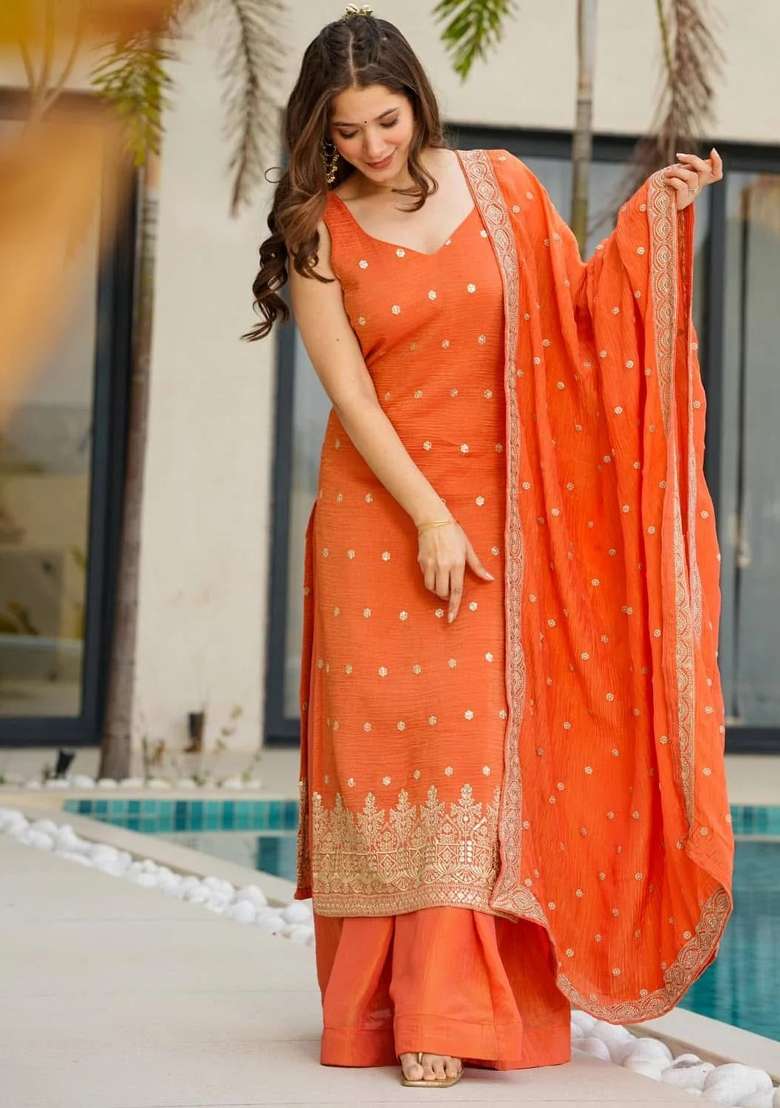 Orange Thread Work Chinon Kurta Set - Indya