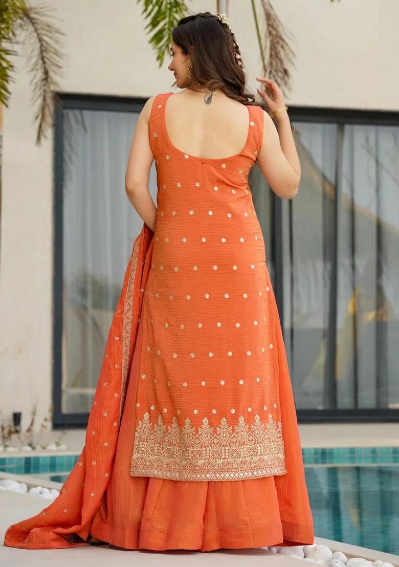 Orange Thread Work Chinon Kurta Set - Indya