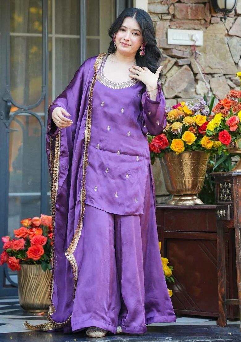 Lavender Thread Work Silk Kurta Set - Indya