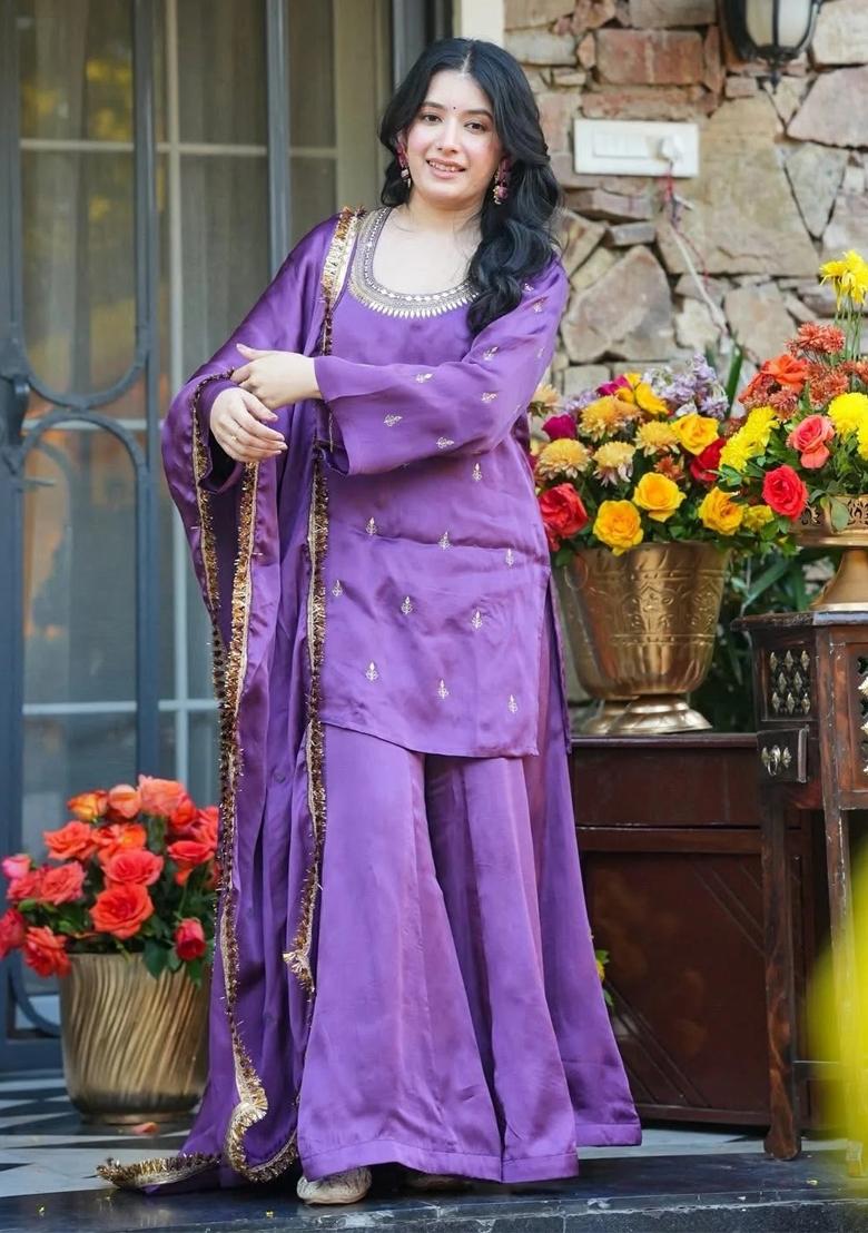 Lavender Thread Work Silk Kurta Set - Indya