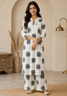 White Floral Print Cotton Kurta Set