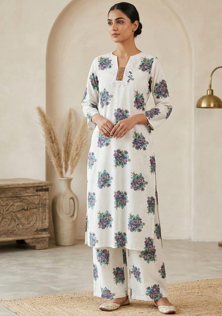 White Floral Print Cotton Kurta Set - Indya