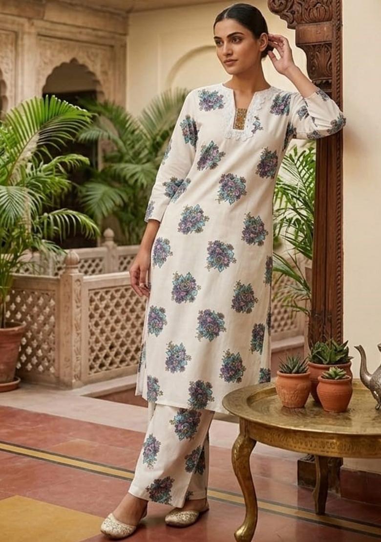 White Floral Print Cotton Kurta Set - Indya