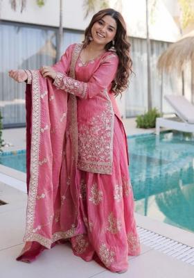 Pink Thread Work Silk Kurta Set