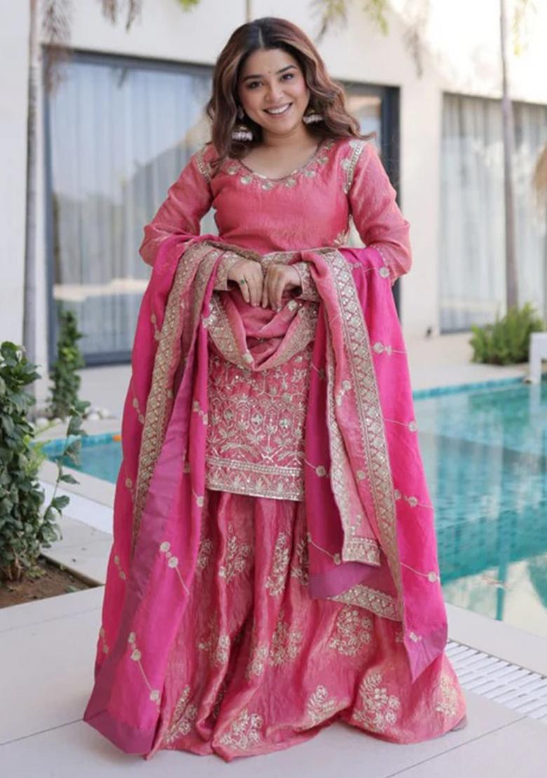 Pink Thread Work Silk Kurta Set - Indya