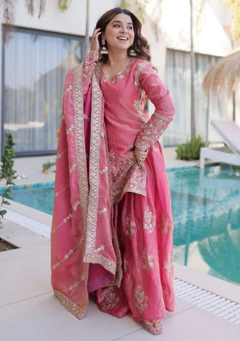 Pink Thread Work Silk Kurta Set - Indya
