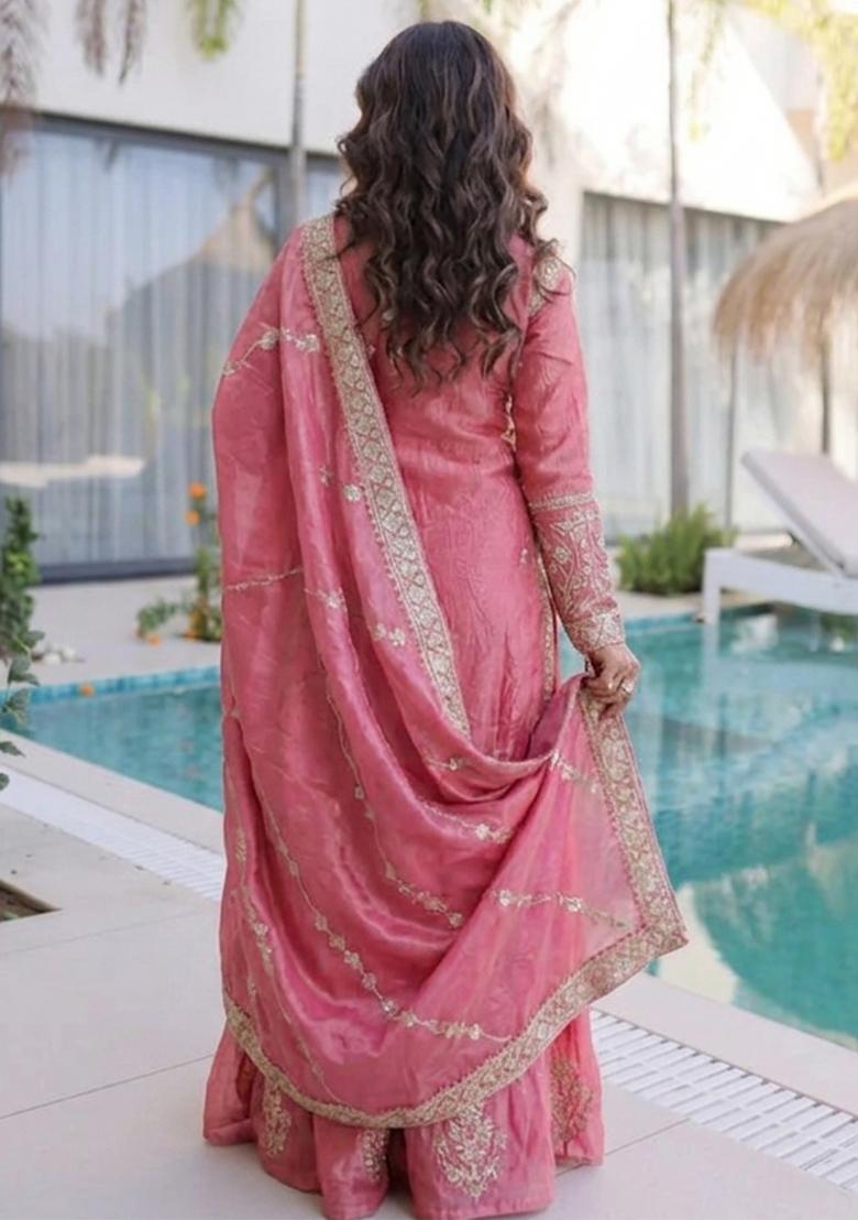 Pink Thread Work Silk Kurta Set - Indya