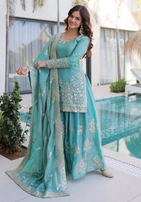 Sky Blue Thread Work Silk Kurta Set