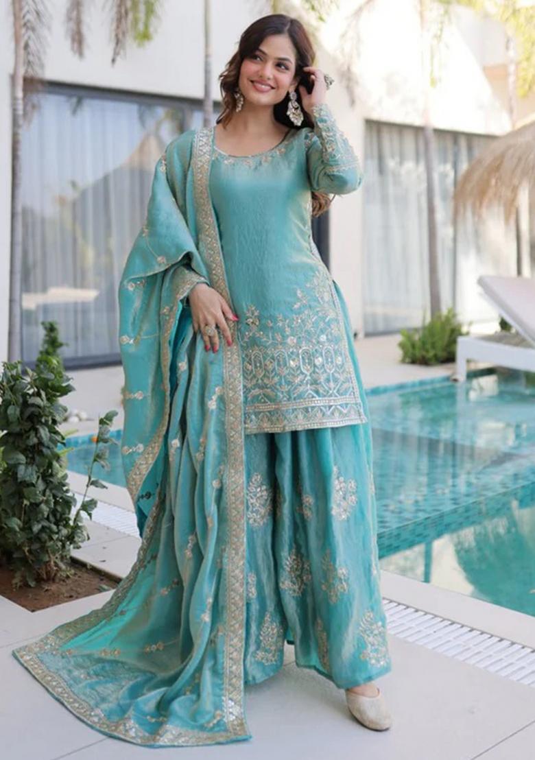 Sky Blue Thread Work Silk Kurta Set - Indya