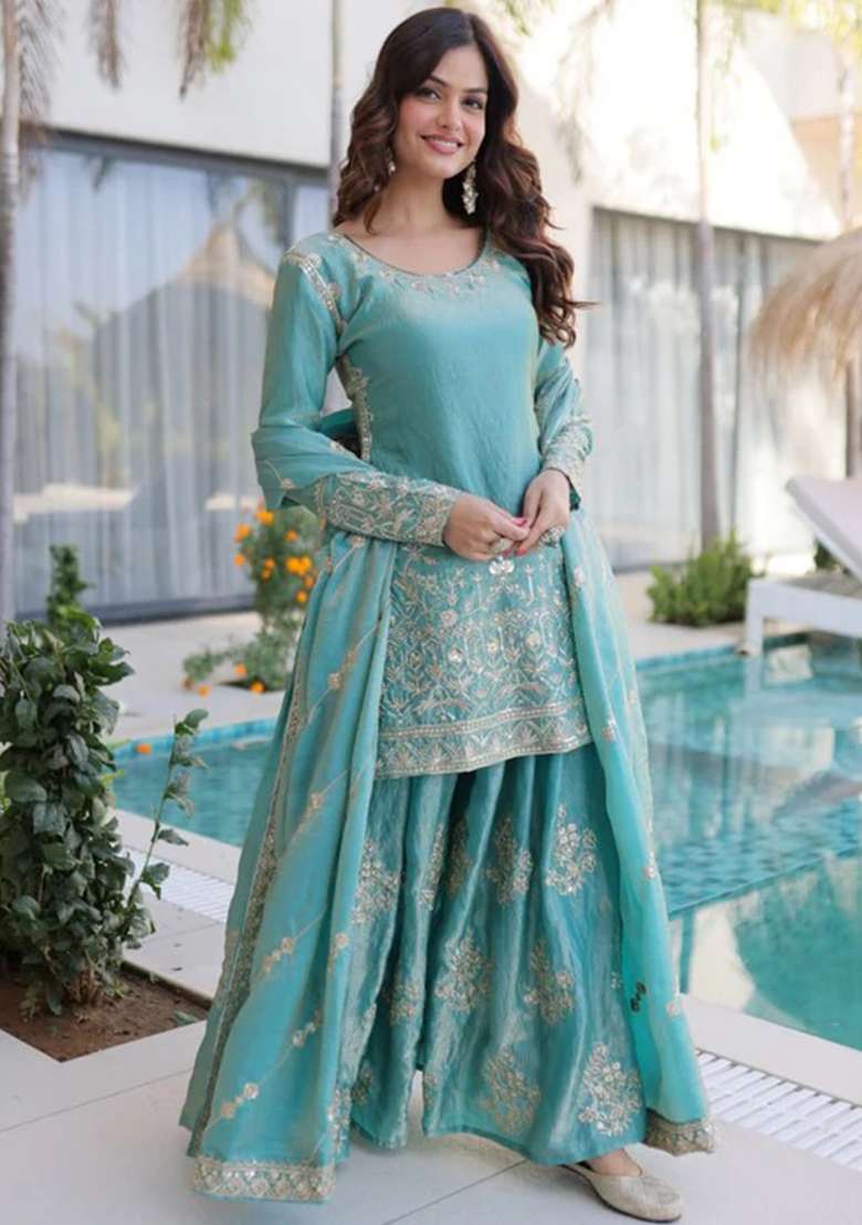 Sky Blue Thread Work Silk Kurta Set - Indya