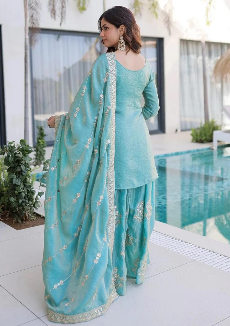 Sky Blue Thread Work Silk Kurta Set - Indya