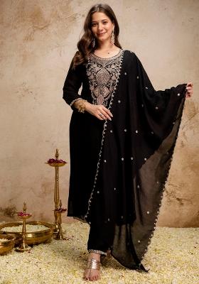 Black Thread Work Silk Kurta Set