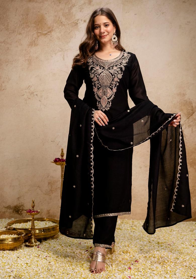 Black Thread Work Silk Kurta Set - Indya