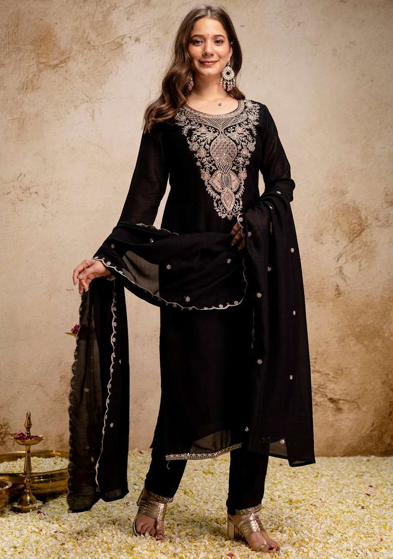 Black Thread Work Silk Kurta Set - Indya