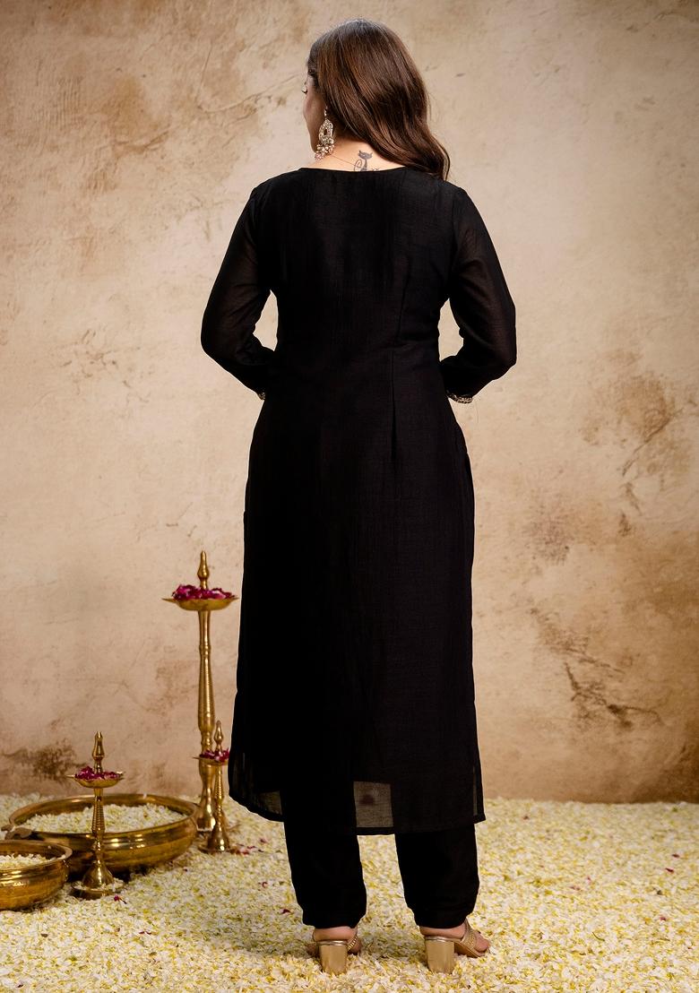 Black Thread Work Silk Kurta Set - Indya