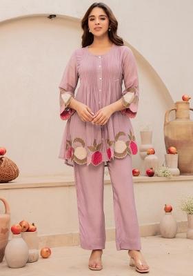 Mauve Thread Work Silk Kurta Set