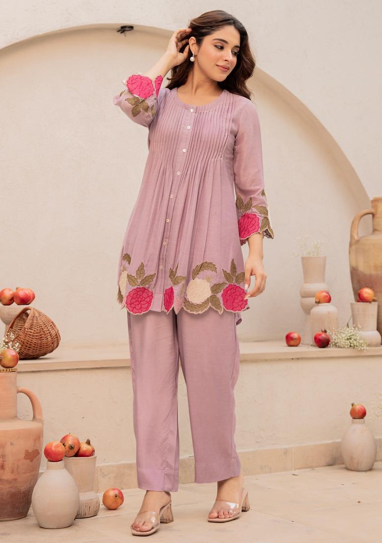 Mauve Thread Work Silk Kurta Set - Indya