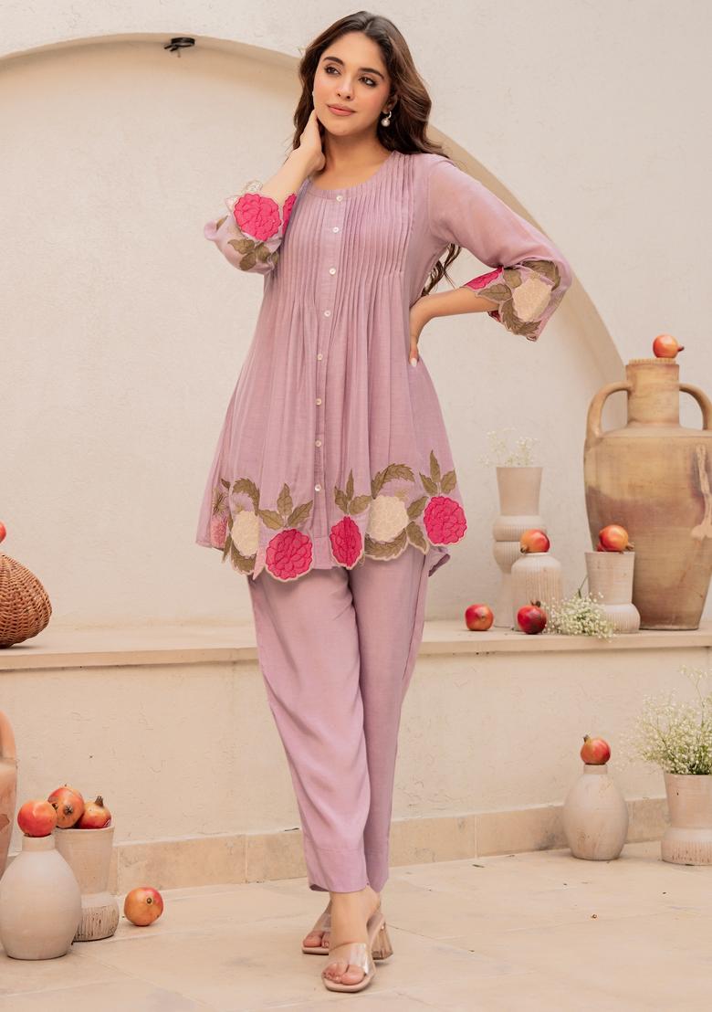 Mauve Thread Work Silk Kurta Set - Indya