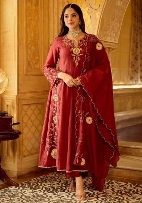 Maroon Thread Work Silk Kurta Set