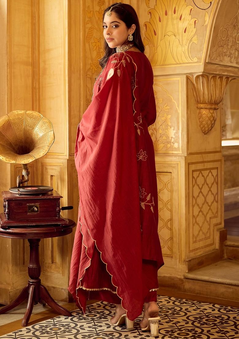 Maroon Thread Work Silk Kurta Set - Indya