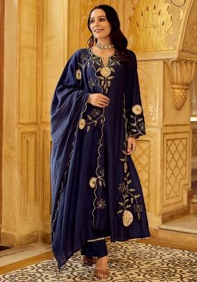 Navy Blue Thread Work Silk Kurta Set