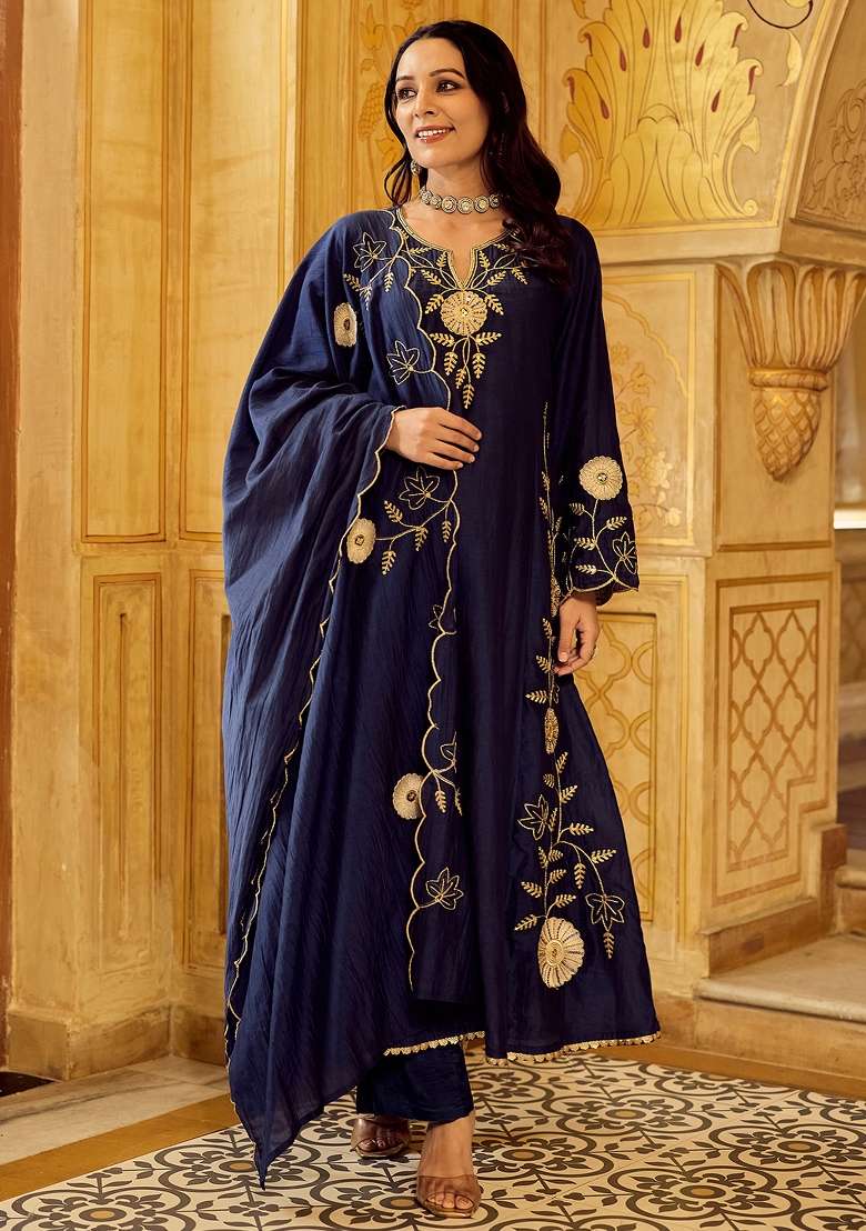 Navy Blue Thread Work Silk Kurta Set - Indya