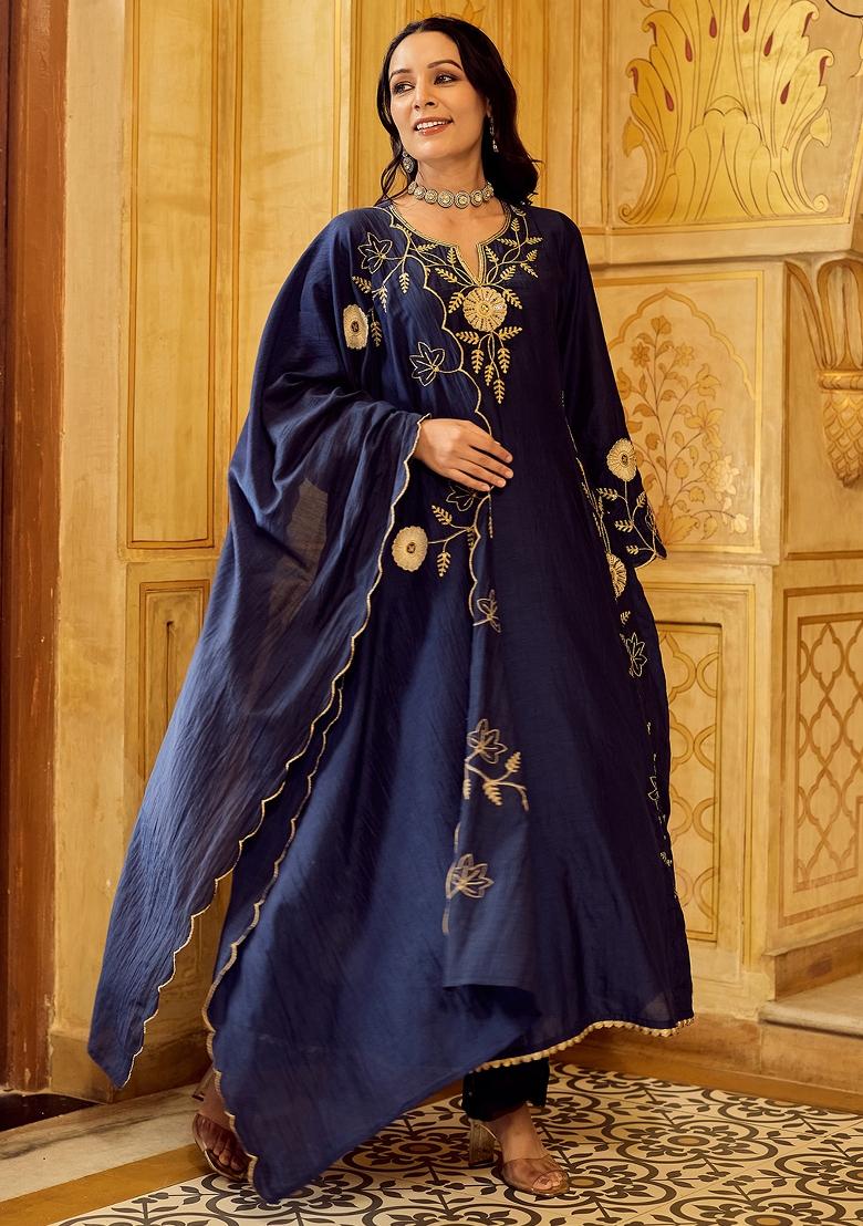 Navy Blue Thread Work Silk Kurta Set - Indya