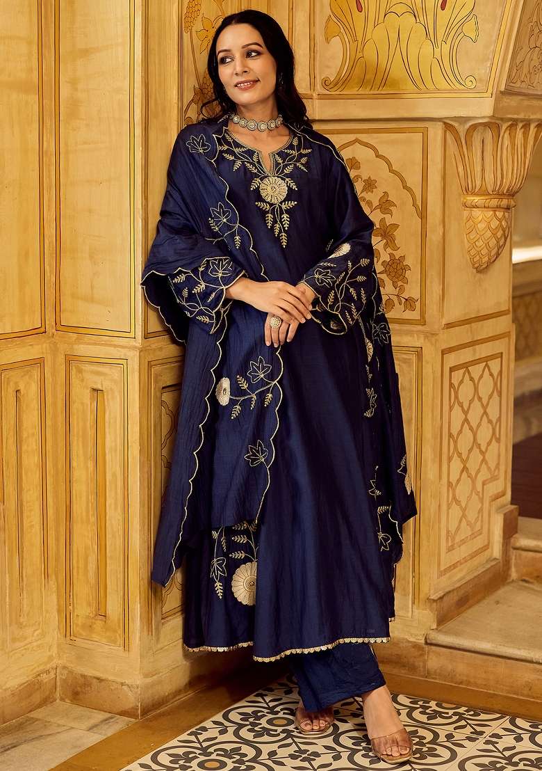 Navy Blue Thread Work Silk Kurta Set - Indya