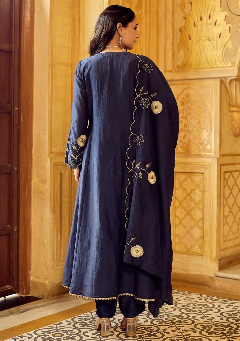Navy Blue Thread Work Silk Kurta Set - Indya