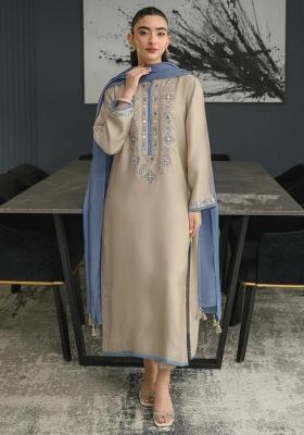 Beige Thread Work Silk Kurta Set