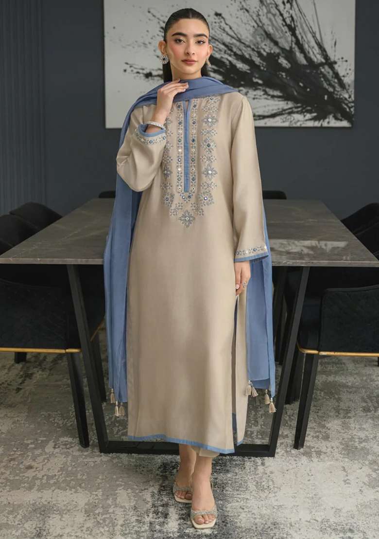 Beige Thread Work Silk Kurta Set - Indya