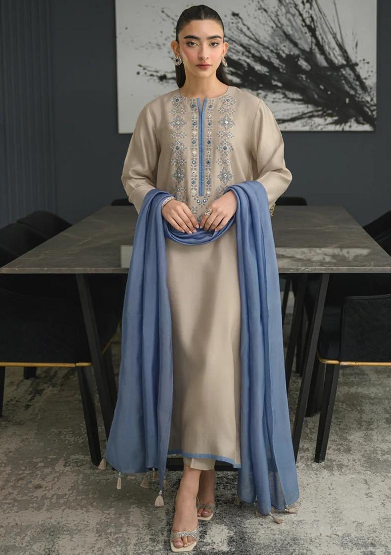 Beige Thread Work Silk Kurta Set - Indya